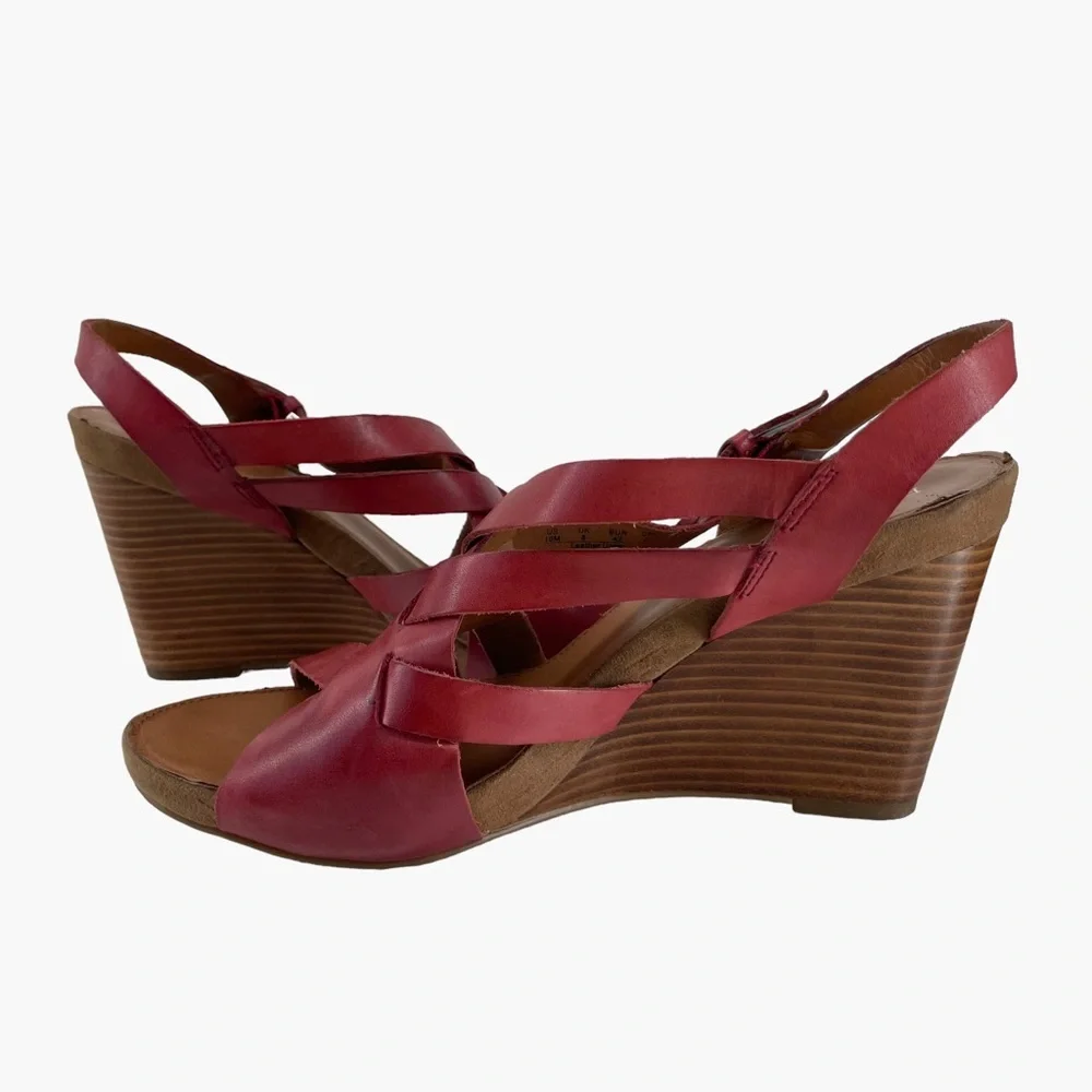 Franco Sarto‎ Hanako Leather Red Maroon Wood Wedges